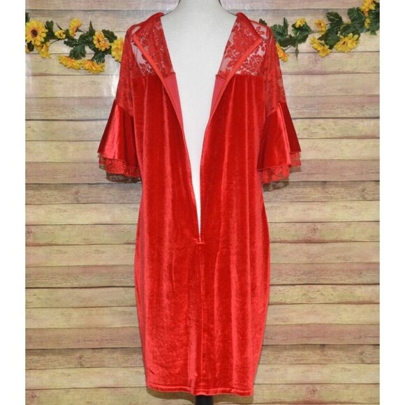 C.O.C. Red Velvet Midi Sheath Dress Plus Size 3X Floral Lace Short Bell Sleeve - Picture 8 of 11
